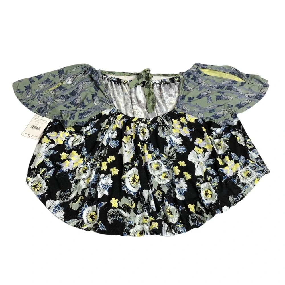 Free People Baja Babe‎ Top Womens M Floral Paisley Tie Stretch Cottage Boho NWT